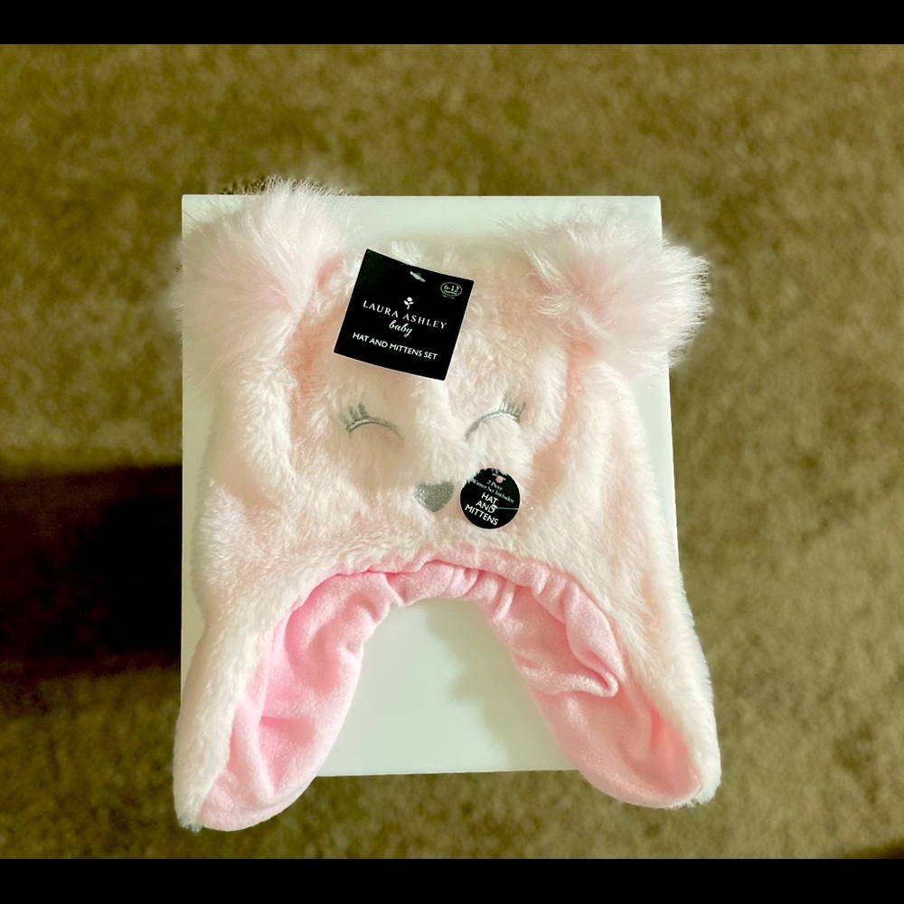 Laura Ashley Baby Bear Hat & Mittens Pink Size 12-24 Mos
